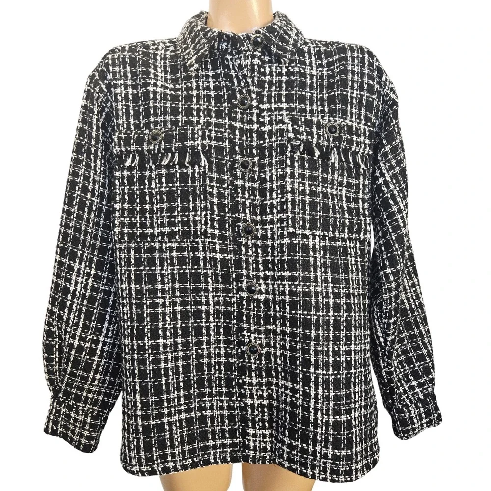 Cato Black White Tweed Shirt Jacket Shacket Button Front Fringe Pockets Small